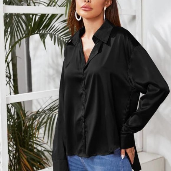 CHIC DOLLZ Satin Button Down Blouse - Black - Picture 2 of 3